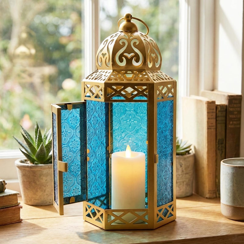 VELA LANTERNS 12" Gold Metal Moroccan Decorative Candle Lantern Holder for Hanging or Table Centerpieces, Exotic Indoor Home Decor, Outdoor Patio or Porch, Weddings, Ramadan, Blue Glass, Large - Image 4